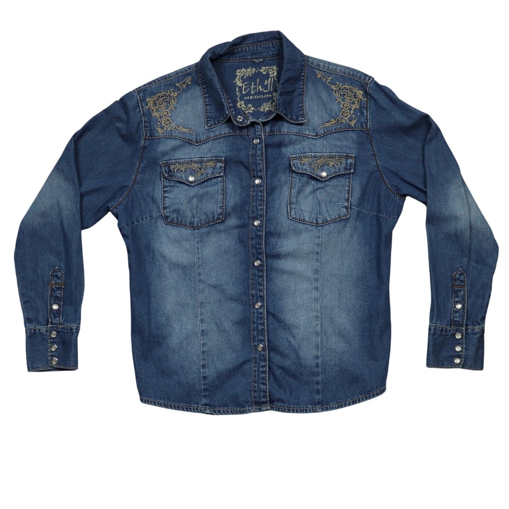 Ethyl‎ Medium Blue Denim Western Snap Down Shirt Floral Embroidery Rhinestone M